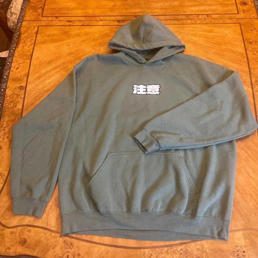 9th Life Hoodie Men's Small Anime Caution Graphic Military Green